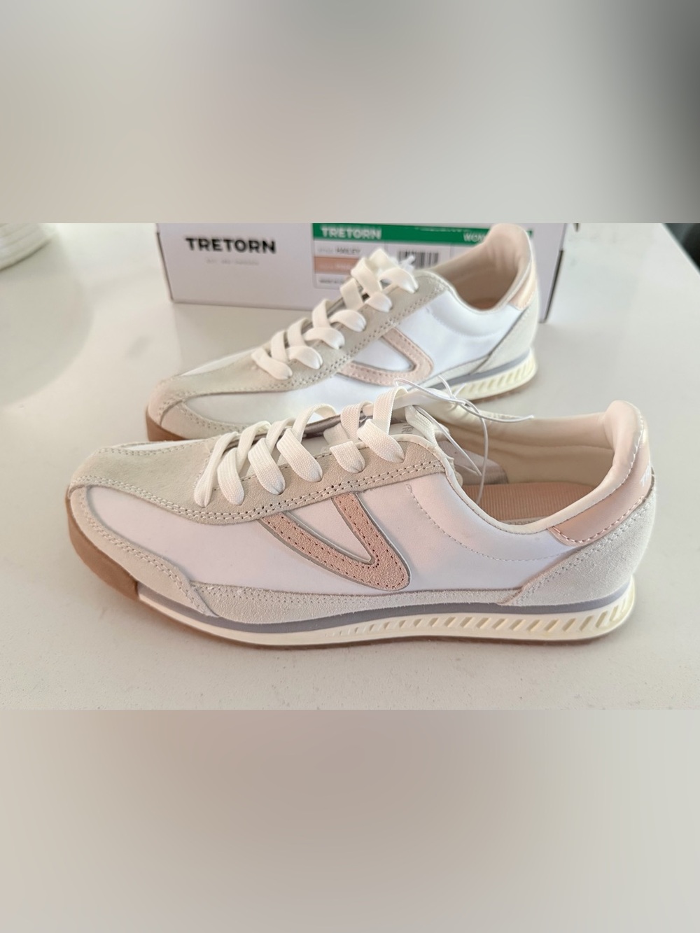 Tretorn White and Blush Pink Retro Runner Sneakers